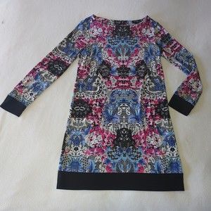 Nicole Miller Shift Dress Size Medium Black Blue Pink Print Long Sleeve Stretch